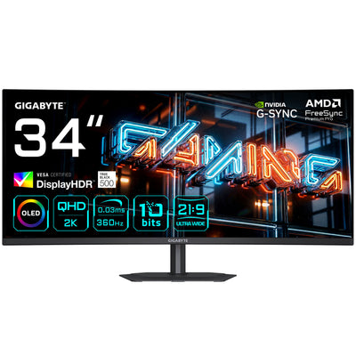 GIGABYTE MO34WQC36 OLED 34” 2K QHD 360Hz 0.03ms FreeSync/G-SYNC Curved Ultrawide Gaming Monitor